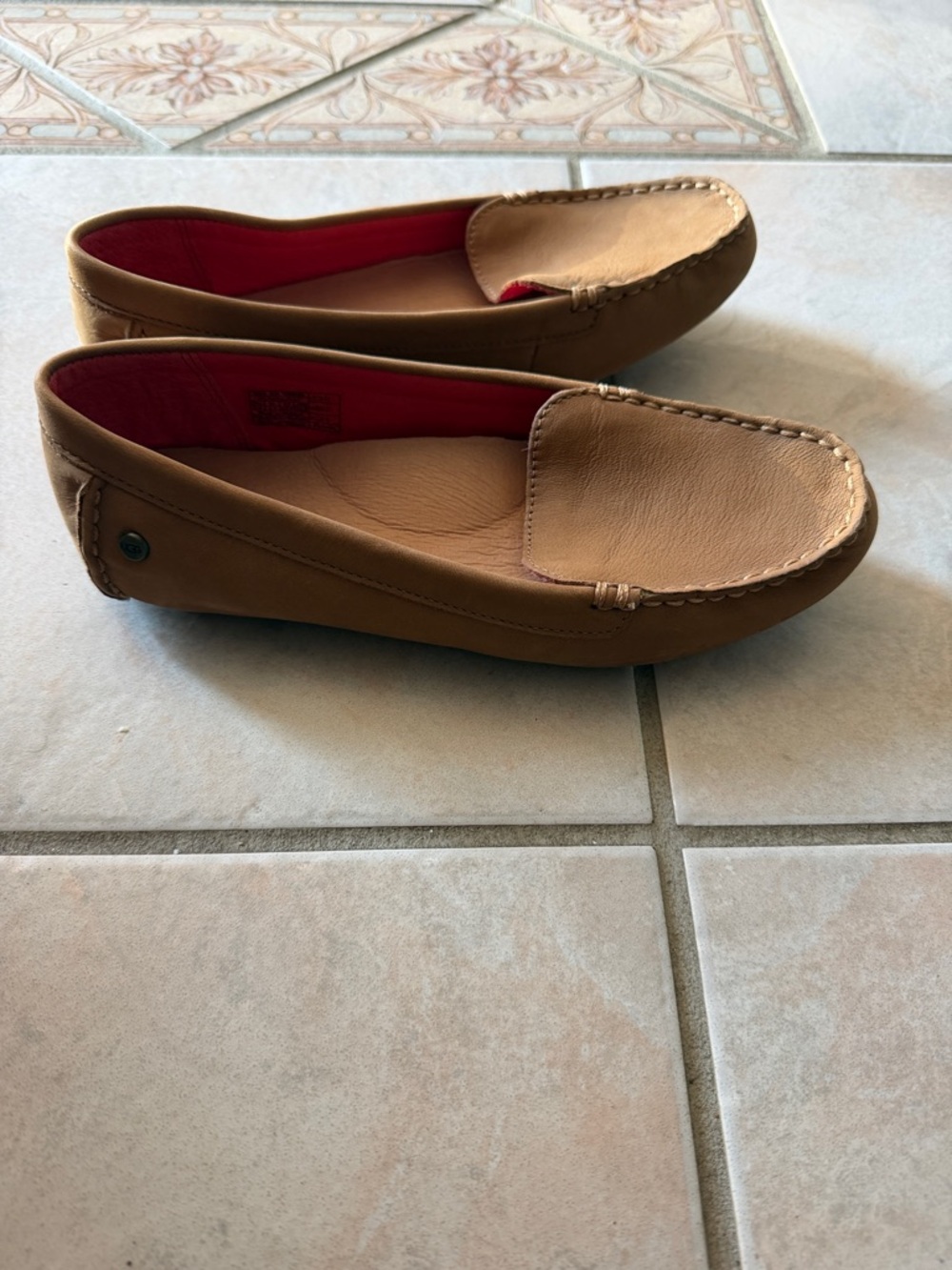UGG Tan Leather Slip-On Moccasins with Red Interior